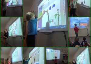 Dzieci wykonują zadania na tablicy multimedialnej