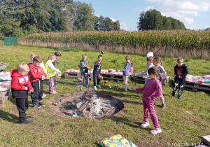 Dzieci stoją w około ogniska piekąc na kijach kiełbaski