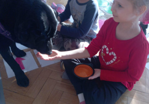 Dzieci karmią psa z ręki pod opieką dorosłych.