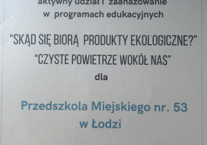 Podziękowania za udział w Programie "Skąd się biorą produkty ekologiczne? Czyste powietrze wokół nas"