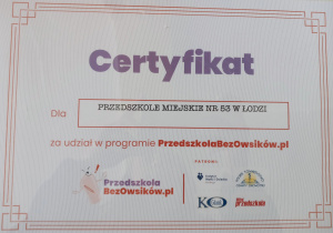 Certyfikat za udział w Programie PrzedszkolaBezOwsików