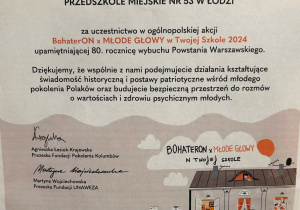 Dyplom za udział w akcji "BohaterOn x MŁODE GŁOWY w Twojej Szkole"