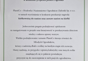 Dyplom za zdobycie wyróżnienia w konkursie "Popcorn prosto z ogródka"