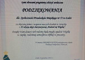 Podziękowanie z akcji : "Podziel się wigilią"